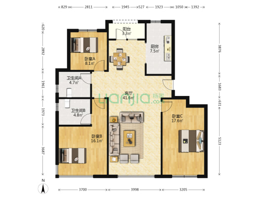 融创影都壹号2期 3室1厅2卫 130平方