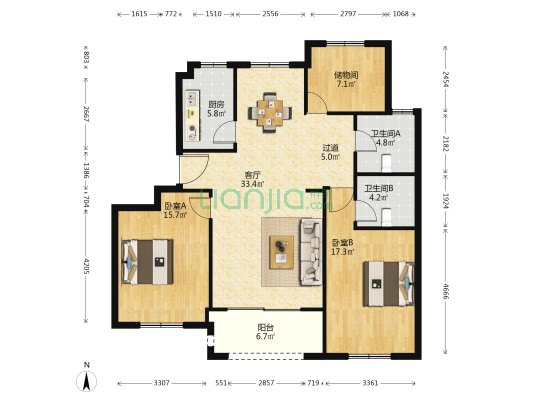 华丽家园 2室1厅2卫 119平方