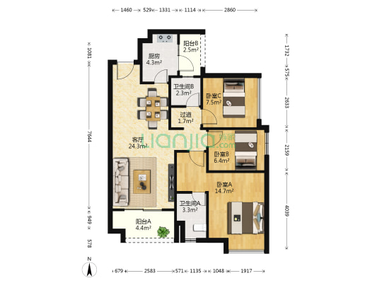 绿地丽雅香榭花城 3室1厅2卫 90平方