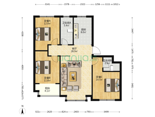 万浩红玺城 3室1厅2卫 135平方