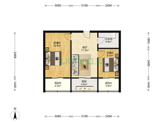 陕西华山半导体小区 2室1厅1卫 74平方
