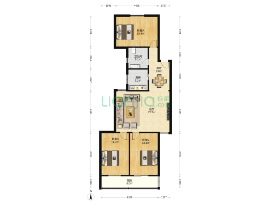 开元商住小区 3室2厅1卫 122平方
