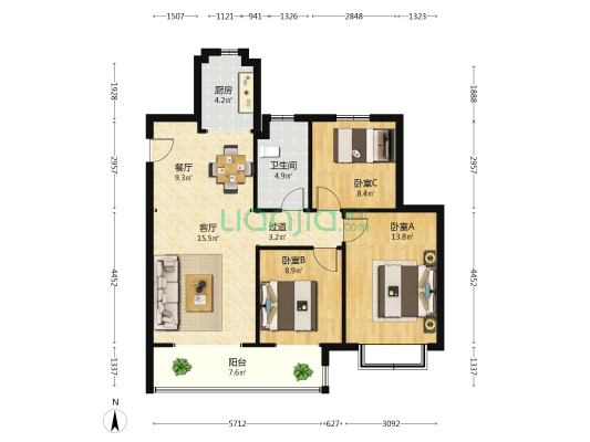 紫悦璟园 3室2厅1卫 110平方