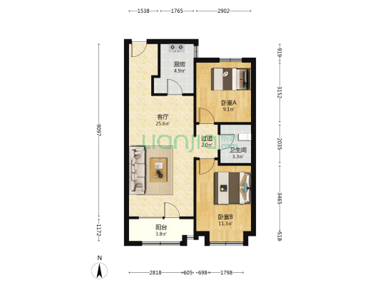 孔雀城锦园 2室1厅1卫 84平方