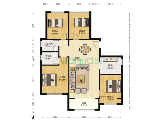 绿地新都会 4室1厅2卫 128平方