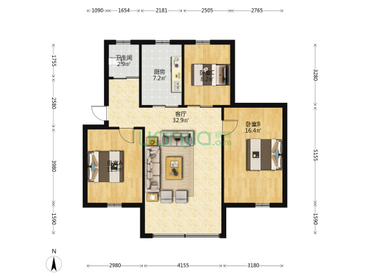 检察院宿舍 3室1厅1卫 90平方