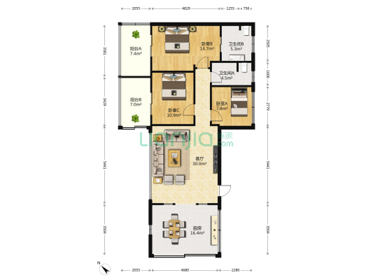 鸿洲江山 3室1厅2卫 68平方