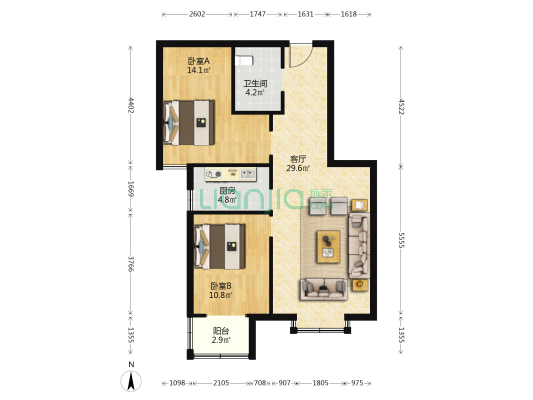 普兰庭 2室1厅1卫 90平方