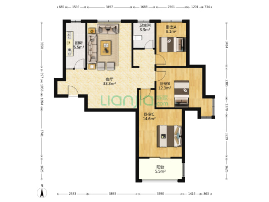 中央御景东区 3室1厅1卫 113平方