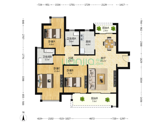 金地中奥九颂都会之光 3室1厅2卫 107平方