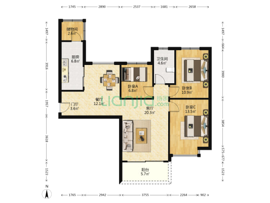 恒大都市广场 3室2厅1卫 112平方