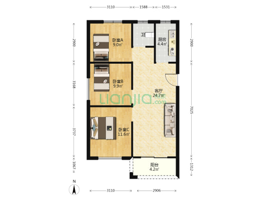 弘润嘉苑 3室1厅1卫 90平方