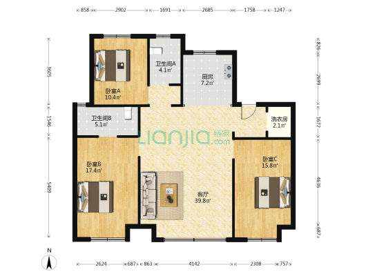 中铁逸都E区 3室1厅2卫 127平方