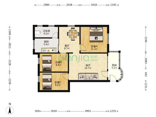 劳教所大院 3室2厅1卫 83平方