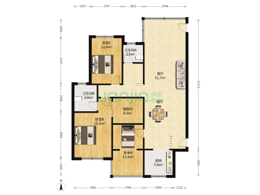 怡欣佳园 3室1厅2卫 144平方