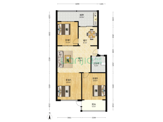 潍城区党校宿舍 3室2厅1卫 105平方