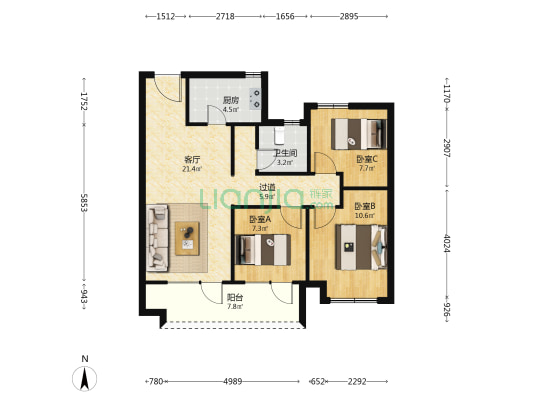 中国铁建海语城 3室1厅1卫 89平方