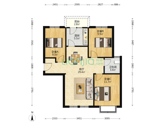 王府社区B区 3室1厅1卫 91平方