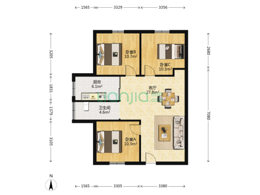 光彩西 3室1厅1卫 92平方