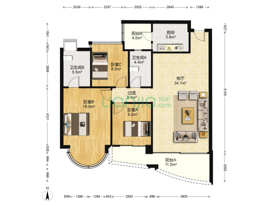 珠江帝景苑 3室1厅2卫 125平方