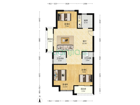 蓝地凤起阳光里 3室1厅2卫 95平方