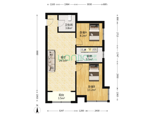 高铁片区牛津花园，东南两居， 中间楼层 采光充足-户型图