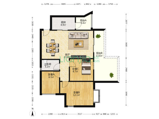 龙城1号 3室2厅 西北-户型图