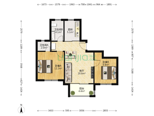 万盛金邸 2室1厅2卫 80平方