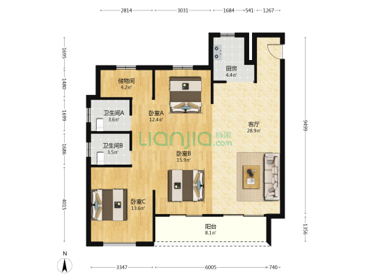新鸿璀璨里 3室1厅2卫 117平方