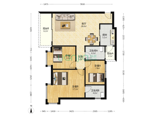盛会青云府 3室1厅2卫 115平方
