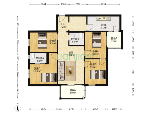 农展南里 4室1厅2卫 114平方