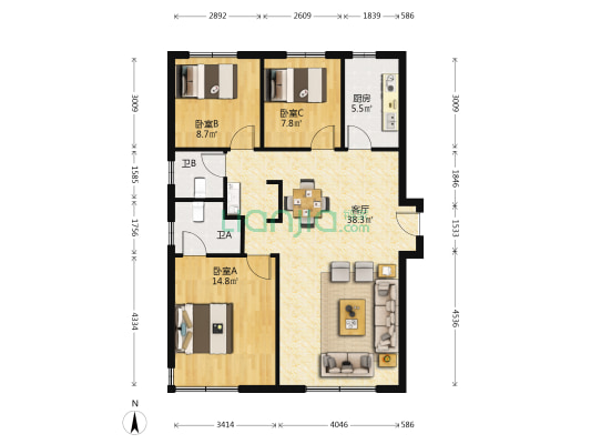 嘉惠美院 3室1厅2卫 128平方