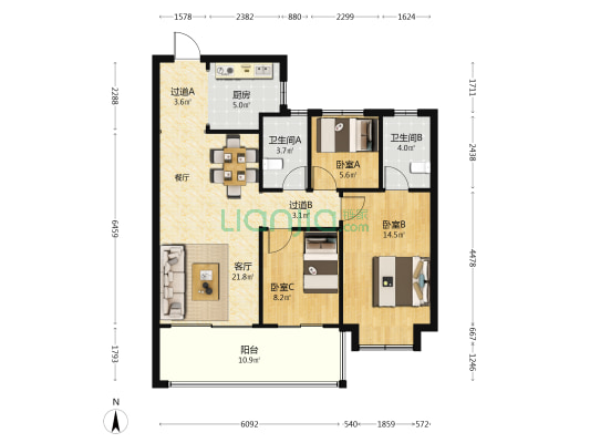 璟睿小区 3室1厅2卫 103平方