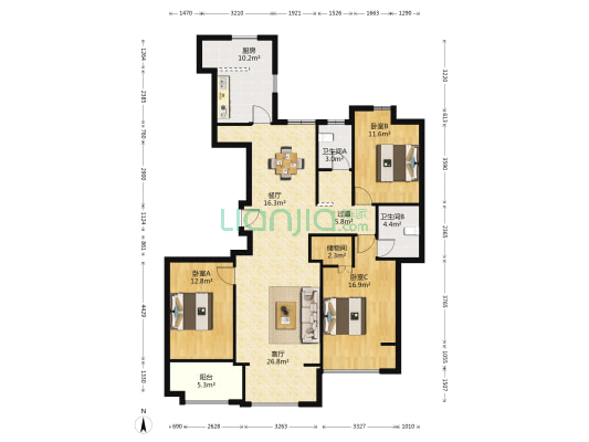 财富中心 3室2厅2卫 137平方