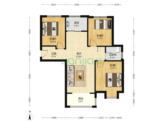 灯塔家园二期A区 3室1厅1卫 105平方