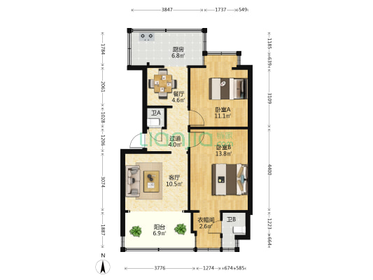 国际公司宿舍 2室2厅2卫 53平方