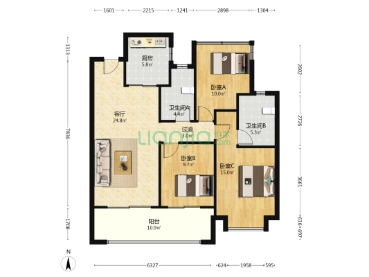 龙湖天玺北区 3室1厅2卫 125平方