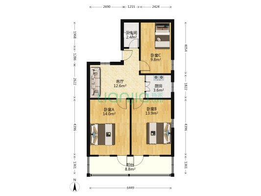 苜卫路 3室1厅1卫 79平方