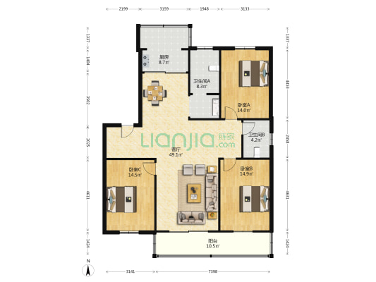 富康花园 3室1厅2卫 139平方