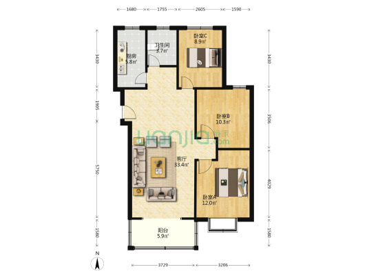 平安D区三居室，精装修，单价低，诚意出售。。。-户型图