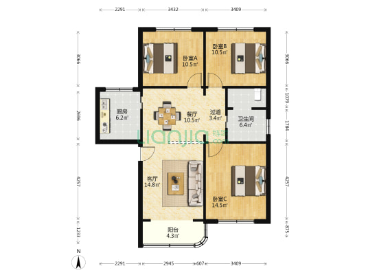 上丹花苑A区 3室2厅1卫 101平方