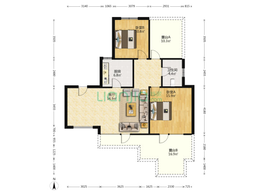 此房满二，南北通透格局，楼层好视野开阔，明厨名卫。-户型图