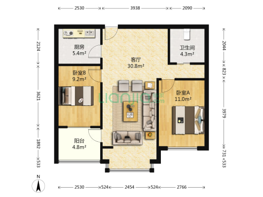 中体奥林匹克花园四期 2室1厅1卫 86平方