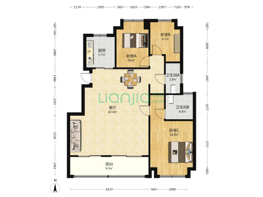 华宇林湖雅舍 3室1厅2卫 117平方