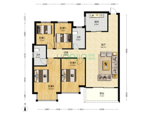 星合中山玖里 4室1厅2卫 141平方