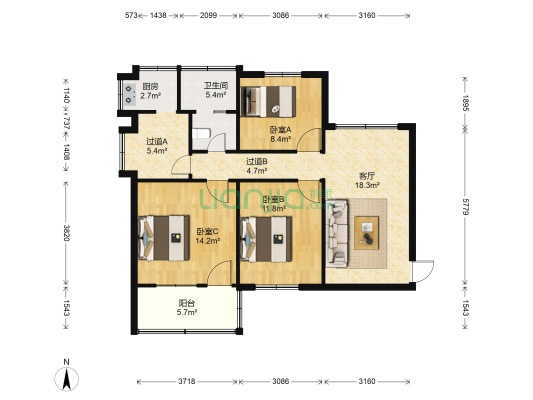中南石油局宿舍 3室1厅1卫 87平方
