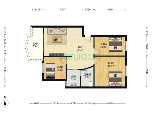 置业广场 3室1厅1卫 92平方