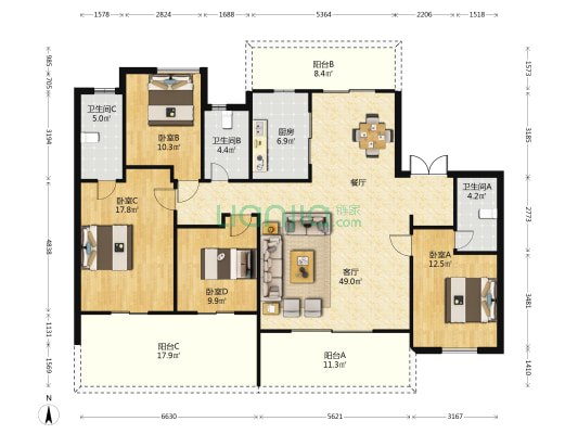 建发缦云 4室1厅3卫 168平方