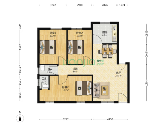 联城花园 3室1厅2卫 110平方