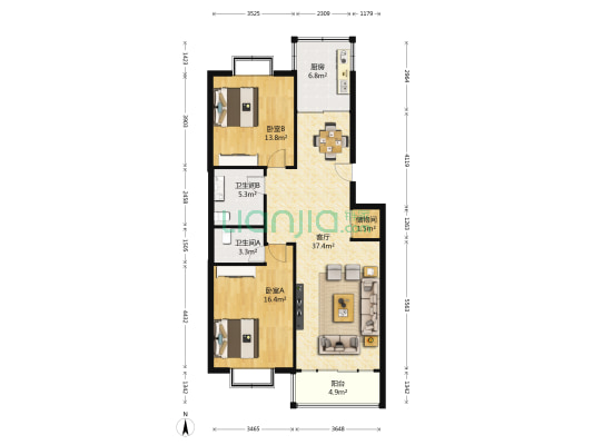 胜利花园 2室1厅2卫 109平方